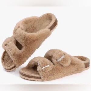 NEW Kidmi Women's Fuzzy Slippers Cork Footbed Fluffy Slide Sandals House Shoe